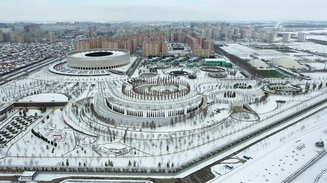 top view of the beautiful snow-covered park of Krasnodar