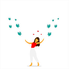 happy girl with birds and hearts. Vector
