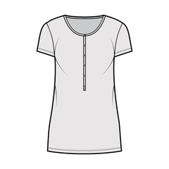 Shirt dress mini technical fashion illustration with henley neck, short sleeves, oversized, Pencil fullness, stretch jersey. Flat apparel template front, grey color. Women, men, unisex CAD mockup