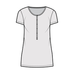 Shirt dress mini technical fashion illustration with henley neck, short sleeves, oversized, Pencil fullness, stretch jersey. Flat apparel template front, grey color. Women, men, unisex CAD mockup