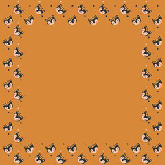 Cute stylish square frame made of black tiger cubs heads and abstract stars on an ocher background. The faces of kittens in the Scandinavian style. Border for a childish invitation, postcard. Vector.