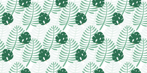 Tropical seamless pattern of abstract Monstera Deliciosa and palm leaves in green colors and contour plants on a white background. For fabric, textile, garment printing, etc. Vector.