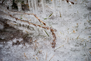 Ice Covered Twigs with Icicle and Brick background