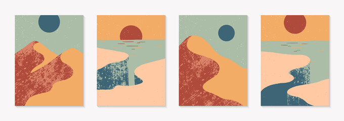 Set of creative abstract rocky mountain landscape backgrounds.Mid century modern vector illustrations with cliffed coast,desert dunes,sky and sun.Trendy contemporary design.Futuristic wall art decor