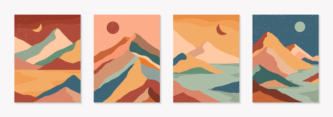 Set of creative abstract mountain landscape and mountain range backgrounds.Mid century modern vector illustrations with hand drawn mountains,sea or lake,sky,sun and moon.Trendy contemporary design.