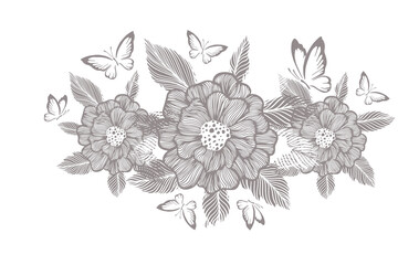 Monochrome floral abstraction. Graphic beautiful flower. Vector illustration