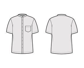 Shirt nehru collar technical fashion illustration with short sleeves, angled pocket, mandarin neck. Flat indian jacket apparel outwear template front, back, grey color. Women men unisex CAD mockup