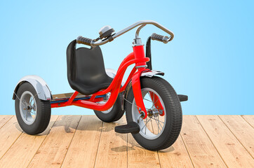 Kids tricycle, bike on the wooden planks, 3D rendering