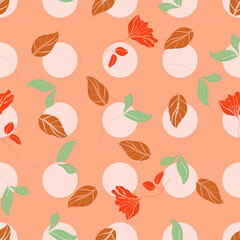 Blossom floral seamless pattern. Blooming botanical elements scattered random. Hand drawn flowers and leaves on pink polka dots background. Color vector texture for fashion, fabric, wallpaper, print.