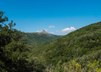 Fototapeta na wymiar Overview of the National Park of Barbagia with limestone tower of Perda Liana, impressive rock formation on green forest hill, sardinian table mountain. Central Sardinia, Italy, summer day
