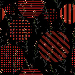 Blossom floral seamless pattern. Doodle abstract branches scattered random. Trendy vector texture. Fashion prints, fabric, design. Hand drawn small flowers on black geometric polka dots background