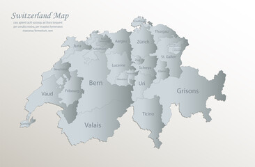 Switzerland map, administrative division with names, white blue card paper 3D vector
