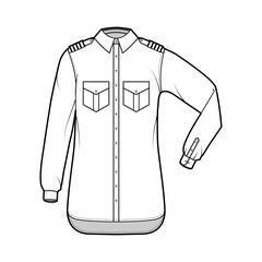 Shirt pilot airline technical fashion illustration with chevron, elbow folded long sleeves, angled flap pockets. Flat apparel top outwear template front, white color. Women men unisex CAD mockup