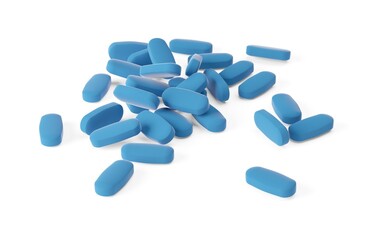 Blue pill heap over white background, medical treatment, pharmaceutical or medication concept