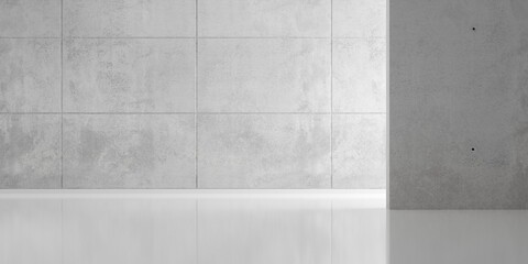 Fototapeta premium Abstract empty, modern concrete room with indirect lighting from right, plated back wall, and polished floor - industrial interior background template