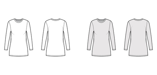 T-shirt dress technical fashion illustration with crew neck, long sleeves, mini length, oversized, Pencil fullness. Flat apparel template front, back, white, grey color. Women, men, unisex CAD mockup