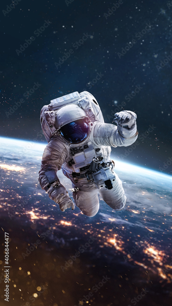 Poster Astronaut on orbit of Earth in the outer space. Abstract wallpaper. Spaceman near surface of planet. Elements of this image furnished by NASA