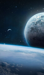 Earth, Moon and other planets with atmosphere in deep space. Sci fi wallpaper. Exploration of the space. Elements of this image furnished by NASA