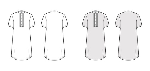 Shirt kurta technical fashion illustration with short sleeves, embellished henley neck. Flat indian shalwar qameez tunic apparel template front, back, white, grey color. Women men unisex CAD mockup