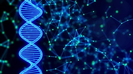 Abstract digital DNA molecule with rotating plexus background. Use for visual presentation in biology, biotechnology, chemistry, science, medicine, medical and cosmetics conference, 3d animation.