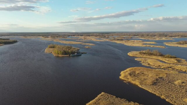 Hotel ship near the iland at rhe big river. Air shot