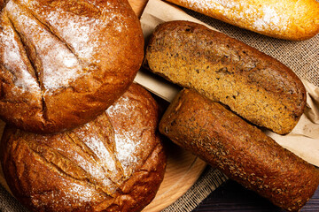 Bread counter at the bakery. Freshly baked bread. Rye crispy bread. Close-up.