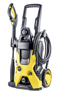 Pressure Washer Isolated On White Background. Professional High-Pressure Tool Car Cleaning Yellow-Black Color. High Pressure Washer Machine. Electric Household Appliances. Side View Close-Up.