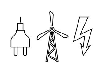 A set of energy symbols from thin black lines on a white background. Modern vector pattern for posters, decor, business cards, printing, web design.