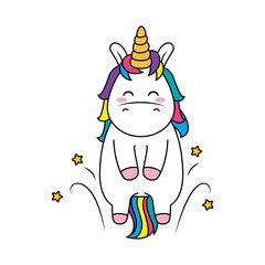 cute unicorn with stars around, line and fill style