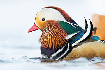 Mandarin duck (Aix galericulata), with the beautiful white coloured water surface. Beautiful duck...