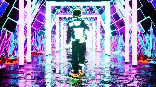 A luminous astronaut walks through a neon tunnel. Seamless loop animation of a tunnel made of glowing crystals for vj, dj or sci-fi backgrounds.