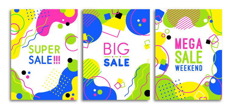 Colorful 80s neon shape sale template poster set