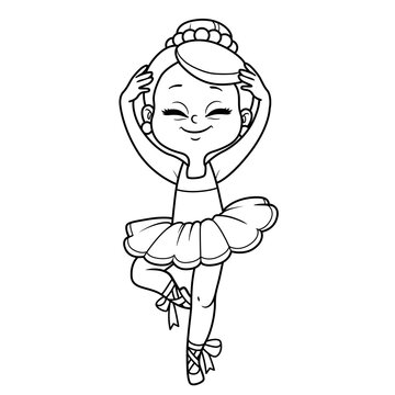 Cute ballerina girl dancing in lush tutu outlined for coloring isolated on a white background