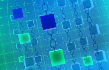 Blockchain concept 3d rendering with blue cubes and chains stands.as cryptocurrency digital code chain.