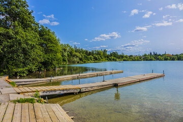 View of beautiful public Lake Wilcox Park. Park is 5.48 hectares of exceptional waterfront parkland reflective of area cultural, historical and environmental heritage. Richmond Hill, Ontario, Canada.