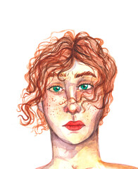 Watercolor portrait of beautiful young girl. Emotional face. Hand painted illustration.