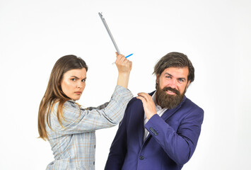 Conflict and rivalry. Risky contract. Man and woman with office document. Communication at work....