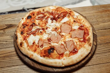 Pizza on wooden table top view. Fast food. Post blog social media. with copy space. Pizza ready to eat