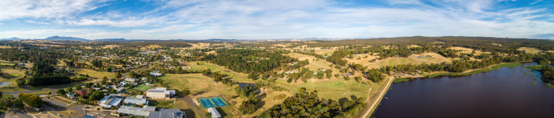 Fototapeta na wymiar Wide aerial panorama of Beaufort township and lake. Scenic Australian countryside.