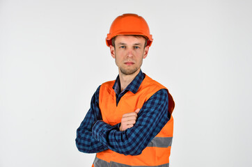 man builder isolated on white. professional repairman in helmet. build and construction. skilled architect repair and fix. engineer worker career. turnkey project. young man in hard hat. Industry