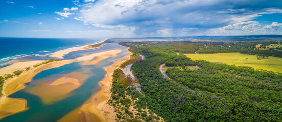 Aerial view of Mots Beach and Lovelock Lookout in Marlo, Victoria, Australia