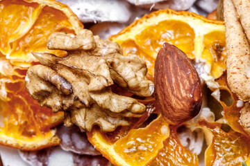 still life closeup nuts and dried orange