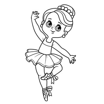 Cute cartoon little ballerina girl in tutu and pointe shoes outlined for coloring isolated on a white background