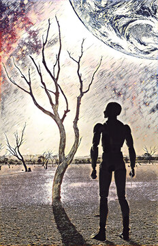 Book cover design - Futuristic scene with Robot standing on barren land with bare trees and planet rising - digital illustration. Elements of this image are furnished by NASA
