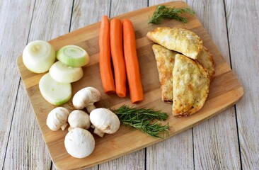 Farmer's market meat pies with fresh organic ingredients for display and ready to eat for tasty traditional ethnic lunch
