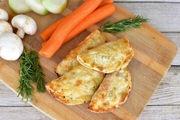 Farmer's market meat pies with fresh organic ingredients for display and ready to eat for tasty traditional ethnic lunch