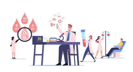 Tiny Medic Male and Female Characters in Working Laboratory Examining Blood Types. Nurse Taking Lifeblood at Donor