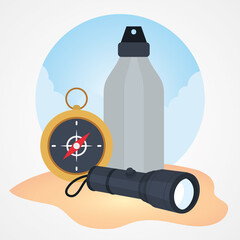 travel compass, bottle and lantern, colorful design