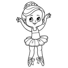 Cute cartoon ballerina girl on toes in pointe outlined for coloring isolated on a white background