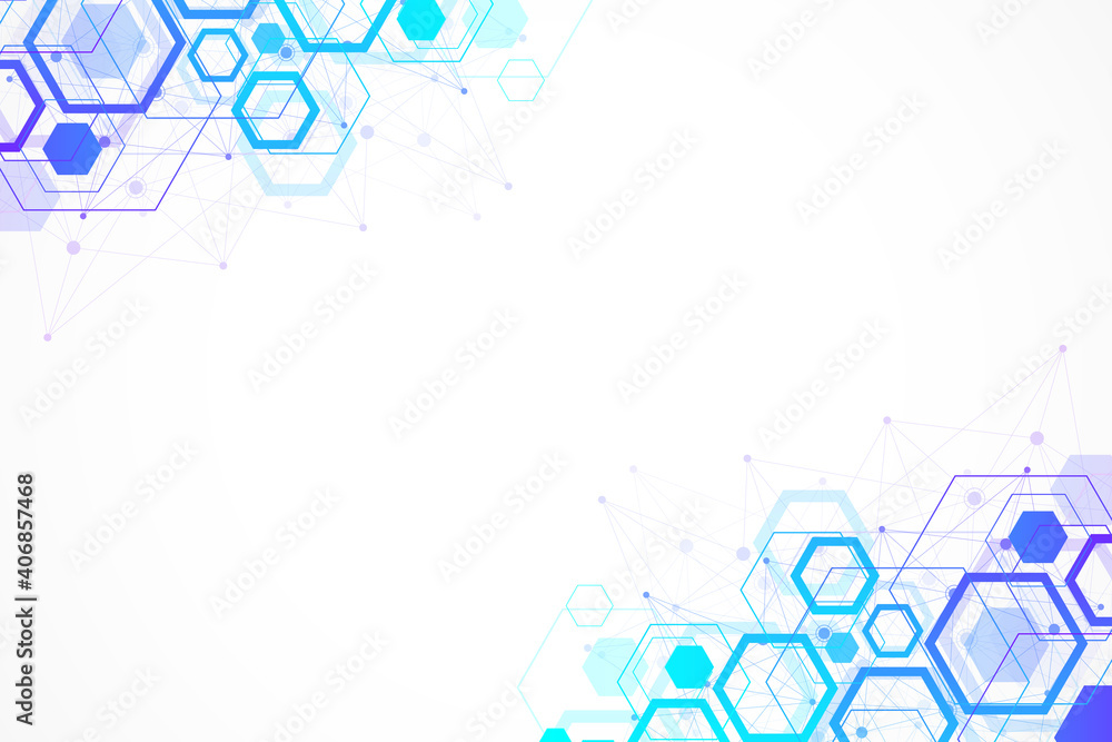 Poster Abstract hexagonal background with waves. Hexagonal molecular structures. Futuristic technology background in science style. Graphic hex background for your design, illustration